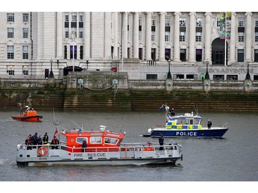 Emergency services make their way down the river on March 22, 2017 in London, England. A police officer has been stabbed near to the British Parliament and the alleged assailant shot by armed police. Scotland Yard report they have been called to an incident on Westminster Bridge where several people have been injured by a car.