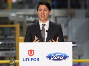 Prime Minister Justin Trudeau speaks at the Ford Essex Engine Plant in Windsor on March 30, 2017, announcing a multimillion-dollar investment.
