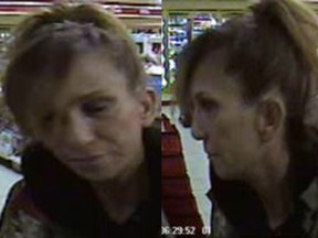 Surveillance photos of a woman wanted in connection to the use of stolen cards taken from a car on March 4, 2017 is pictured in this handout photo.