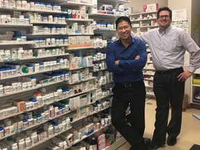 Robin Chang (left) and John Payne sell no cosmetics or groceries at their Grand Marais Pharmacy.  "Our focus is 100 per cent on pharmacy," Chang says.