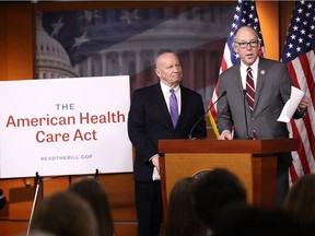 House Ways and Means Chairman Kevin Brady (R-TX), left, and House Energy and Commerce Chairman Greg Walden (R-OR) answer questions during a news conference on the newly announced American Health Care Act at the U.S. Capitol on March 7, 2017 in Washington, D.C.