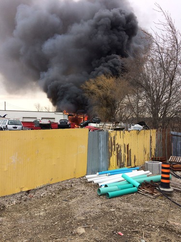 Windsor fire crews battle a blaze at J&B Auto Parts on Provincial Road on March 9, 2017.