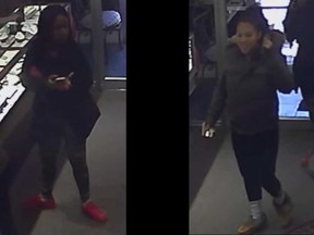 Security camera images showing two females Windsor police believe were involved in the theft of a ring from a jewellery store on Howard Avenue.