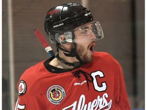 Leamington Flyers captain Zach Guilbeault celebrates a goal against the LaSalle Vipers on March 22, 2017.
