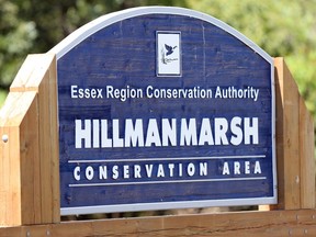 The Hillman Marsh Conservation Area sign is seen on July 30, 2015.
