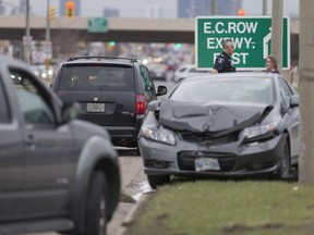 A car with serious front-end damage rests on the northbound shoulder of Howard Avenue after a serious two-car accident in front of Devonshire Mall on March 27, 2017.