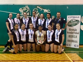 The top-seeded Riverside Rebels won a silver medal at the OFSAA girlsí AA volleyball championship in Belleville on March 8, 2017. The players are Maya Novakovic, Mikhaela Trojek, Mara Stachl, Victoria Silvera, Chika Omenugha, Avarie Provost, Daveline Amertil, Caylee Parker, Paige Phills, Kayla Ladouceur, Abigail Belanger and Madison Dorner. Head coach is Tony Omar.