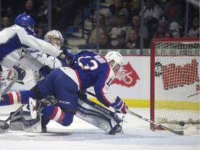 Windsor's Gabriel Vilardi (13) scores in the second period of OHL action between the Windsor Spitfires and the Sudbury Wolves at the WFCU Centre on March 5,  2017.