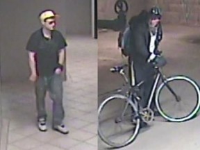 Surveillance photos of two men believed to be responsible for the theft of a duffle bag from a car parked in the 400 block of Windsor Avenue on Feb. 28, 2017.