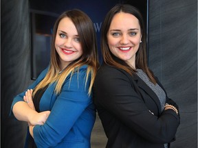 Lyndsey Lalovich, left, and her identical twin sister Lauren Lalovich are shown at the Willis Law Firm in Windsor, Ont., on March 10, 2017. Lyndsey is a lawyer and Lauren a business manager at the firm.