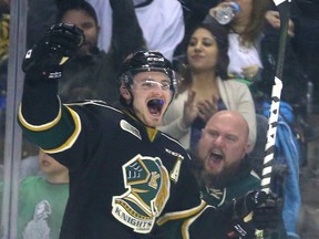 London's Victor Mete puts the Knights up 2-1 over the Windsor Spitfires early in the second period of their first playoff game at Budweiser Gardens on March 24, 2017.