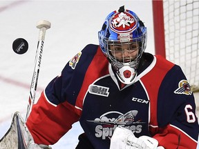 Windsor Spitfires goaltender Mike DiPietro makes a save during Game 4 of their first-round playoff series against the London Knights at the WFCU Centre.