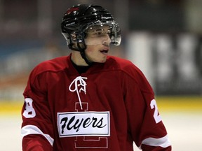 Leamington Flyers defenceman Zak Parlette in action against St. Thomas Stars in GOJHL action from Heinz Arena on Jan. 22, 2015.