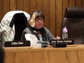 Trustee Gale Simko-Hatfield takes part in a regular school board meeting in Windsor on March 21, 2017.