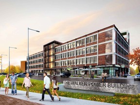 Artists rendition of the renovated Walker Power Building at the corner of Devonshire Road and Riverside Drive.