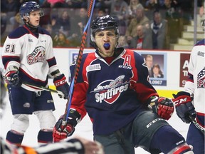 Windsor Spitfires Cristiano DiGiacinto celebrates his goal against the Saginaw Spirit in OHL action from the WFCU Centre on Feb. 2, 2017.