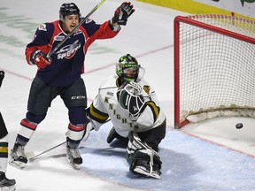 Spitfires forward Cristiano DiGiacinto celebrates a goal against London Knights goaltender Tyler Parsons during Game 3 of their OHL Western Conference quarter-final at the WFCU Centre on March 28, 2017.