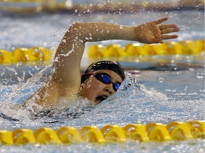 Moeno Katsura of Riverside races in the 200-metre final of the OFSAA swimming championships at the Windsor International Aquatic and Training Centre on March 7, 2017. Katsura won her event after the leader of the race mistakenly pulled up after six laps, not eight.