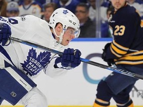 FILE - In this April 3, 2017, file photo, Toronto Maple Leafs forward Auston Matthews (34) gets a shot off during the second period of an NHL hockey game against the Buffalo Sabres in Buffalo, N.Y. The Stanley Cup-hungry Washington Capitals open perhaps their last best chance to win it against the Maple Leafs at the start of their contending window. Matthews said he‚Äôs anxious to get it started, adding, ‚ÄúYou won‚Äôt really know what to expect until you get thrown into the fire.&ampquot; (AP Photo/Jef