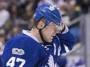 Toronto Maple Leafs&#039; Leo Komarov reacts during third period NHL hockey action against the Tampa Bay Lightning, in Toronto on Thursday, April 6, 2017. Komarov&#039;s first attempt to drive Alex Ovechkin into the Air Canada Centre boards failed in the first period Monday night. He didn&#039;t stop though, proceeding with a hook, a couple shoves and more stickwork. The pesky Maple Leafs winger is doing everything he can to frustrate the captain of the Washington Capitals. THE CANADIAN PRESS/Chris Young