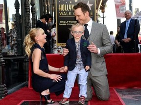 Actor Chris Pratt, right, is joined by his wife, actress, Anna Faris and their son Jack during a ceremony to award Pratt a star on the Hollywood Walk of Fame on Friday, April 21, 2017, in Los Angeles. (Photo by Chris Pizzello/Invision/AP)