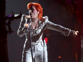 FILE - In this Feb. 15, 2016, file photo, Lady Gaga performs a tribute to David Bowie at the 58th annual Grammy Awards in Los Angeles. Gaga&#039;s tribute won a pair of Webby Awards announced on April 25, 2017. (Photo by Matt Sayles/Invision/AP, File)