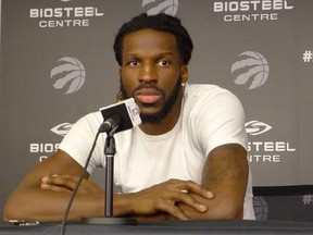 Toronto Raptors forward DeMarre Carroll speaks to reporters at the team’s practice facility in Toronto, Tuesday, April 25, 2017. The Raptors lead their best-of-seven playoff series with the Milwaukee Bucks three game to two, with game six set for Thursday in Milwaukee. THE CANADIAN PRESS/Neil Davidson