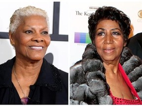 FILE - In this combination photo, singer Dionne Warwick arrives at the 56th annual GRAMMY Awards on Jan. 26, 2014, in Los Angeles, left, and Aretha Franklin attends the 39th Annual Kennedy Center Honors on Dec. 4, 2016, in Washington, D.C. Franklin is accusing Warwick of making up a story that she was Whitney Houston‚Äôs godmother. At Houston&#039;s funeral, Warwick told funeral-goers that Franklin was present and introduced her, but then realized she wasn‚Äôt in attendance. Warwick said, &ampquot;‚ÄúShe lov