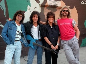 FILE - In this July 24, 1987 file photo, members of Starship, from left, Mickey Thomas, Craig Chaquico, Grace Slick and Donny Baldwin, pose outside the Berkeley Community Theater stage entrance after a rehearsal in Berkeley, Calif. Chaquico is asking a judge to prevent a new iteration of Jefferson Starship from using the name in a federal lawsuit filed Thursday, April 27, 2017, in San Francisco. The suit states the band‚Äôs members agreed to retire the Jefferson Starship name in 1985 after found