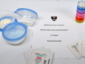 A Windsor police handout photo show various seized items following a fentanyl-related arrest.