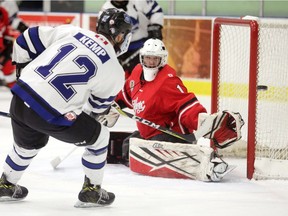 Austin Kemp of the London Nationals just misses the net as he picked up a rebound from Leamington goalie Noah Hedrick in the first period of Game 5 of their playoff series at the Western Fair Sports Centre on April 5, 2017.