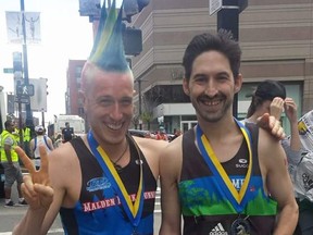 Boston Marathon runners Tom Fancsy, left, and Rob Mora are shown following the race on April 17, 2017.