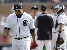 Detroit Tigers relief pitcher Bruce Rondon is pulled during the eighth inning of a baseball game against the Boston Red Sox, Sunday, April 9, 2017, in Detroit.