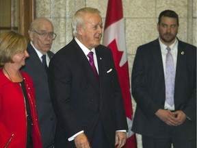 Former prime minister Brian Mulroney leaves a Liberal cabinet meeting in Ottawa on April 6, 2017.