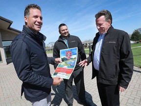 Windsor native and retired National Hockey League player Ed Jovanovski announced the launch of the inaugural Ed Jovanovski Charity Golf Classic on April 18, 2017, at the Pointe West Golf Club in Amherstburg. The event will raise funds for the Canadian Cancer Society in support of breast cancer research. Jovanovski, left, is shown with sponsors Mike Bezzoubkin, centre, and Scott Elliot of Amherstburg Chevrolet Buick GMC.