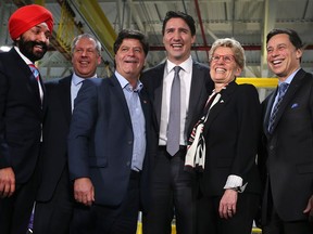 Some of the leaders on hand for the major Ford announcement at the Essex Engine Plant on March 30, 2017 were: Navdeep Bains, federal minister of innovation, science and economic development, left, Joe Hinrichs, president of the Americas, Ford Motor Company, Jerry Dias, Unifor national president, Prime Minister Justin Trudeau, Ontario Premier Kathleen Wynne and Brad Duguid, Ontario minister of economic development & growth.