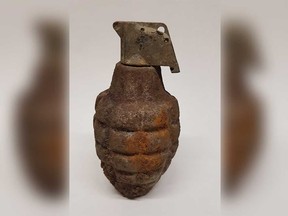 An inert Mk II hand grenade that was discovered in an alley off Pierre Avenue in Windsor on April 19, 2017.