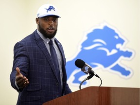 Jarrad Davis, the Detroit Lions' first-round draft pick, is introduced at an NFL football press conference, Friday, April 28, 2017, in Allen Park, Mich.