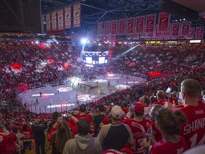 Fans give a standing ovation as the Detroit Red Wings take to the ice for the last time at Joe Louis Arena, Sunday, April 9, 2017.