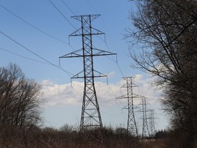 Hydro line towers are shown at Brunet Park in LaSalle, Ont., on March 29, 2017.