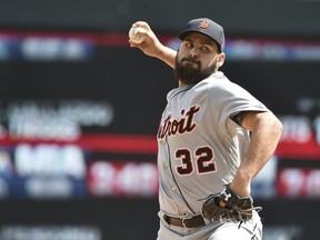 Detroit Tigers starting pitcher Michael Fulmer delivers to the Minnesota Twins in the first inning of a baseball game on April 23, 2017, at Target Field in Minneapolis.