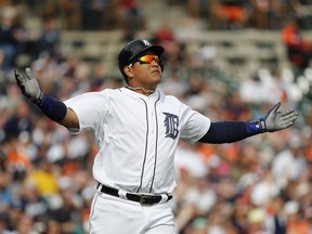 Detroit Tigers' Miguel Cabrera reacts to flying out against the Boston Red Sox in the eighth inning of a baseball game in Detroit, Monday, April 10, 2017.