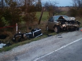 The scene of the April 9, 2017, accident in Kingsville where a Harley-Davidson rider and his passenger collided with a car at the intersection of County Road 27 and North Talbot Road.