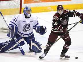 Peterborough Petes' Adam Timleck attempts to deflect a shot past Mississauga Steelheads' Matthew Mancina on Jan. 19 at the Memorial Centre in Peterborough.