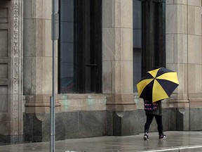 An umbrella-toting woman walks by the former Windsor Star building - now the University of Windsor's School of Social Work - on a rainy day in February 2017.