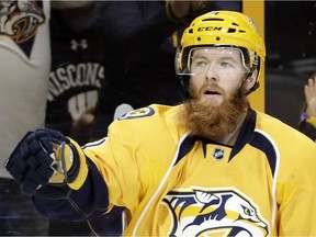 Nashville Predators defenceman Ryan Ellis celebrates his goal against the St. Louis Blues during the first period in Game 3 of a second-round NHL hockey playoff series on April 30, 2017, in Nashville, Tenn.