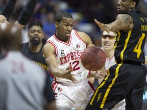 Windsor's Darren Duncan dishes the ball while driving into the paint during NBL of Canada action at WFCU Centre on April 23, 2017.