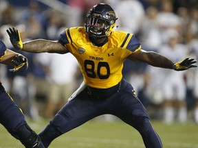 Michael Roberts #80 of the Toledo Rockets looks to block during the first half at a college football game against the Brigham Young Cougars at Lavell Edwards Stadium on September 30, 2016  in Provo, Utah.