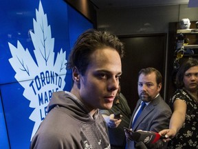 Auston Matthews talks with the media in the locker room at the ACC in Toronto on April 25, 2017.