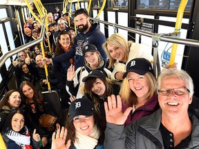 A busload of happy Detroit Tigers fans pack the Tunnel Bus in WIndsor for the ride to Detroit for the Tigers 2017 home opener against the Boston Red Sox.
